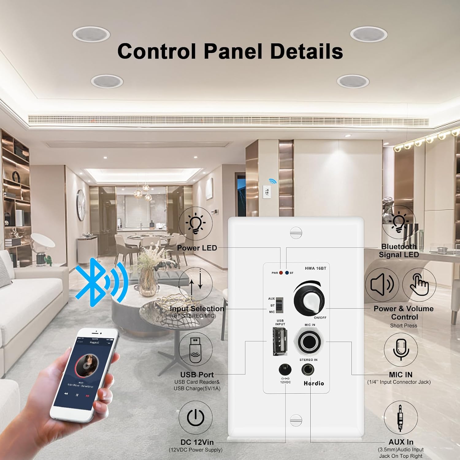 Herdio 5.25 Inch Bluetooth Ceiling Speakers Max Power 600W 2-Way Flush Mount Plus Wall Mount Amplifier Receiver Suitable for Home Theater Bathroom Living Room Kitchen Office(4 Speakers)