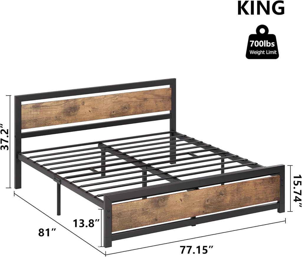IDEALHOUSE King Size Bed Frame with Wooden Headboard and Footboard, Industrial King Bed Platform No Box Spring Needed, 14 Inch Easy Assemble Mattress Bedframe