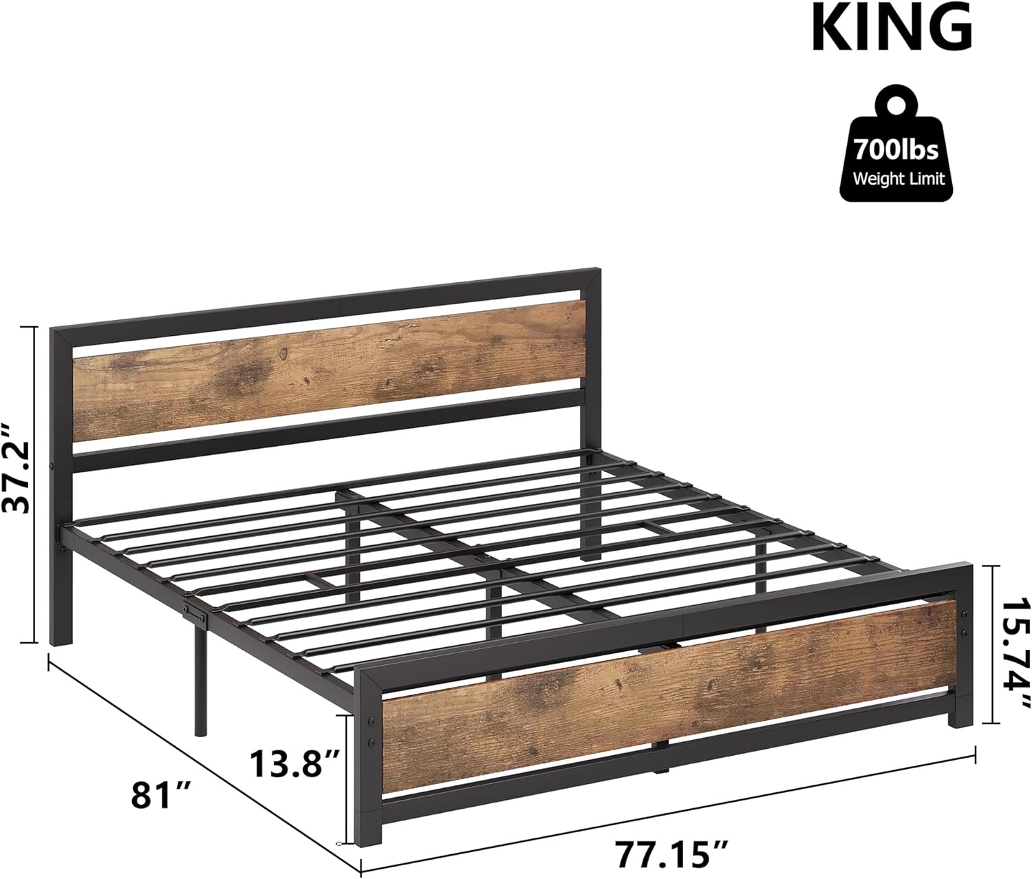 IDEALHOUSE King Size Bed Frame with Wooden Headboard and Footboard, Industrial King Bed Platform No Box Spring Needed, 14 Inch Easy Assemble Mattress Bedframe