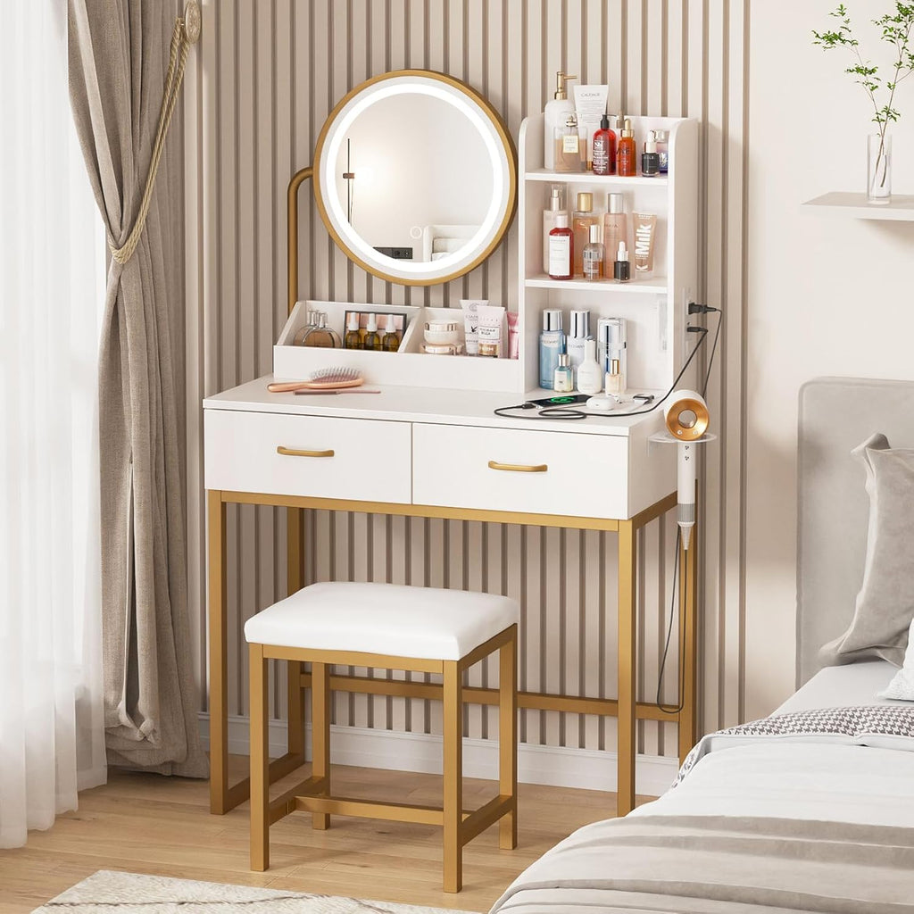 Vabches Makeup Vanity with Round Mirror and Lights, White Vanity Makeup Table with Charging Station, Small Vanity Table for Bedroom, 3 Lighting Modes, 31.5in(L)