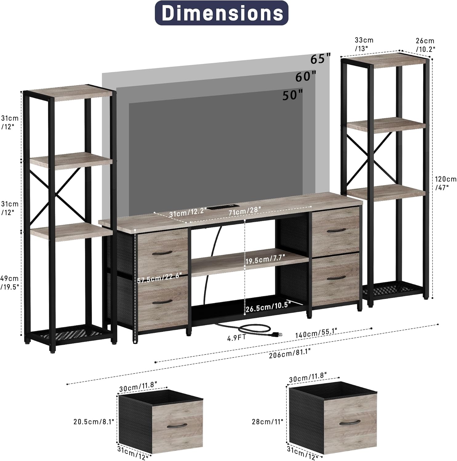 Yenlure LED TV Stand Bookshelf Combo with Charging Station for 65 60 55 Inch TV, Entertainment Center with Lights & Drawers, Industrial Media TV Console Table for Living Room Bedroom Office, Greige