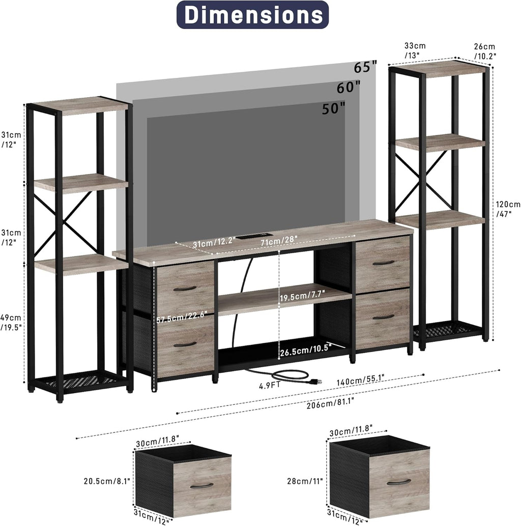 Yenlure LED TV Stand Bookshelf Combo with Charging Station for 65 60 55 Inch TV, Entertainment Center with Lights & Drawers, Industrial Media TV Console Table for Living Room Bedroom Office, Greige
