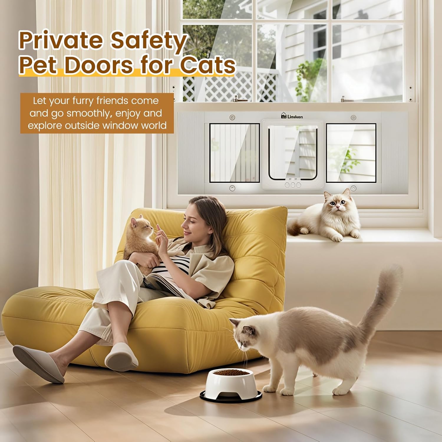 Cat Door for Window, Quick Installation Adjustable Width of 31"-36", Cat Window Door with 4 Locking Modes, Magnetic Closure Design, Weatherproof Aluminum Frame Cat Door Window Insert