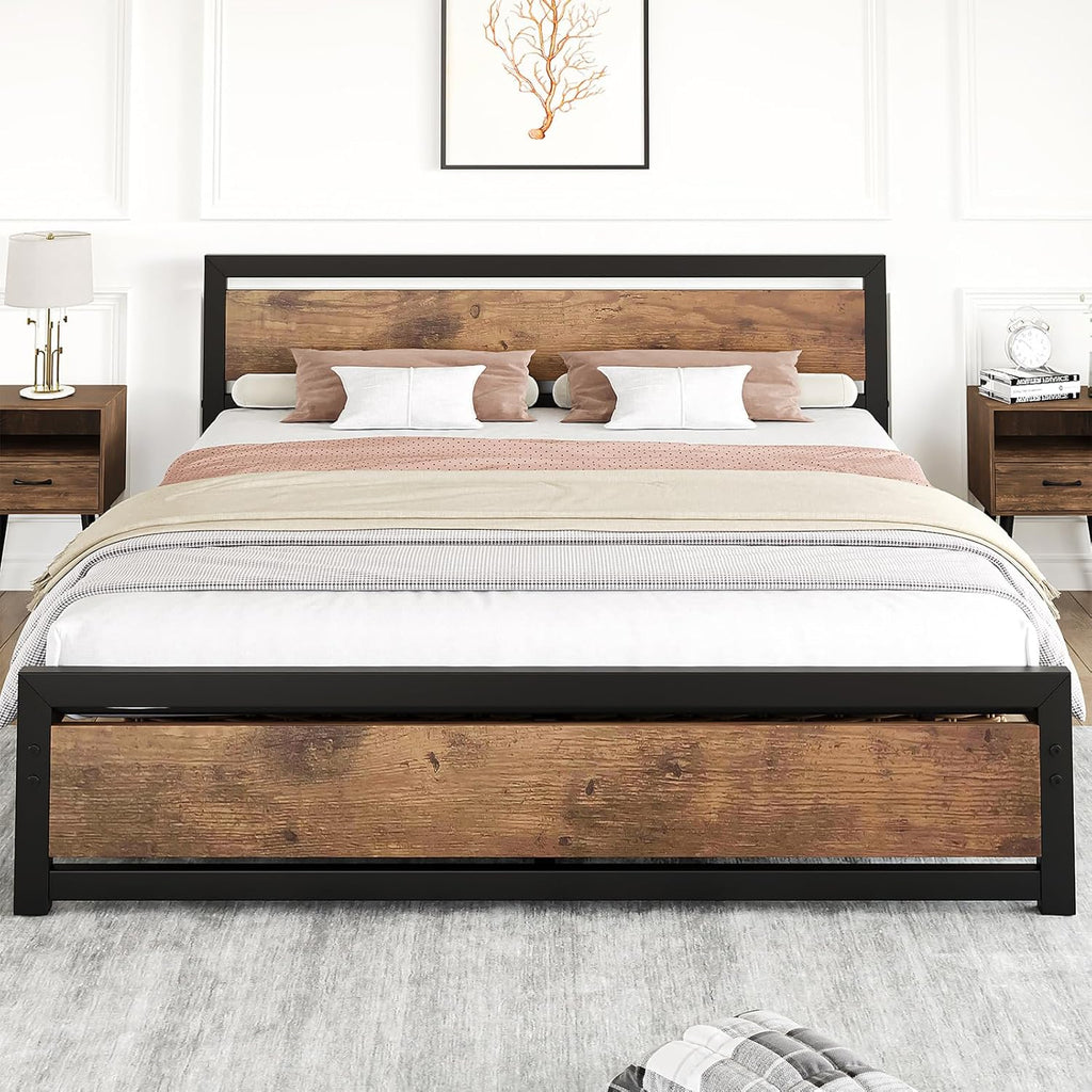 IDEALHOUSE King Size Bed Frame with Wooden Headboard and Footboard, Industrial King Bed Platform No Box Spring Needed, 14 Inch Easy Assemble Mattress Bedframe