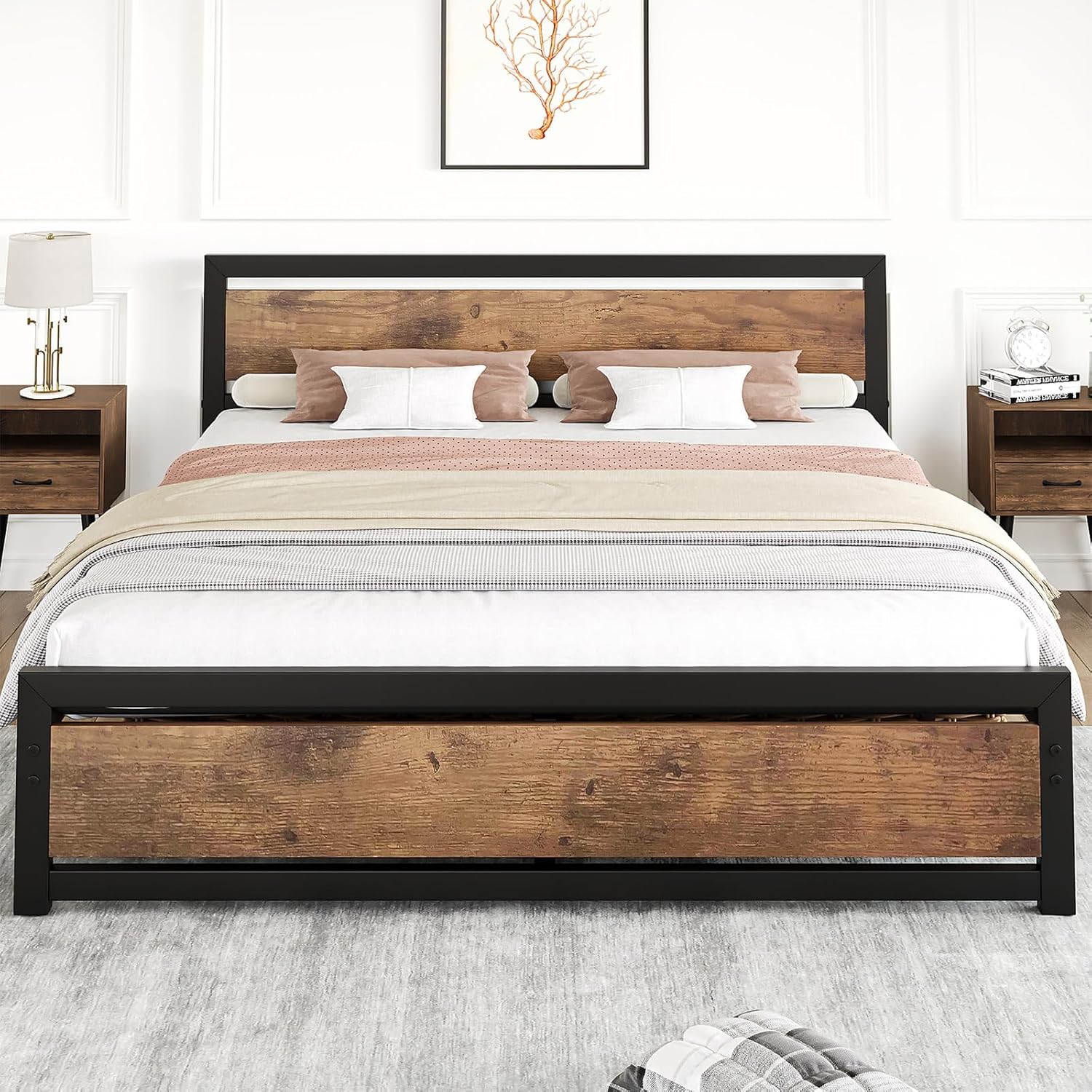 IDEALHOUSE King Size Bed Frame with Wooden Headboard and Footboard, Industrial King Bed Platform No Box Spring Needed, 14 Inch Easy Assemble Mattress Bedframe