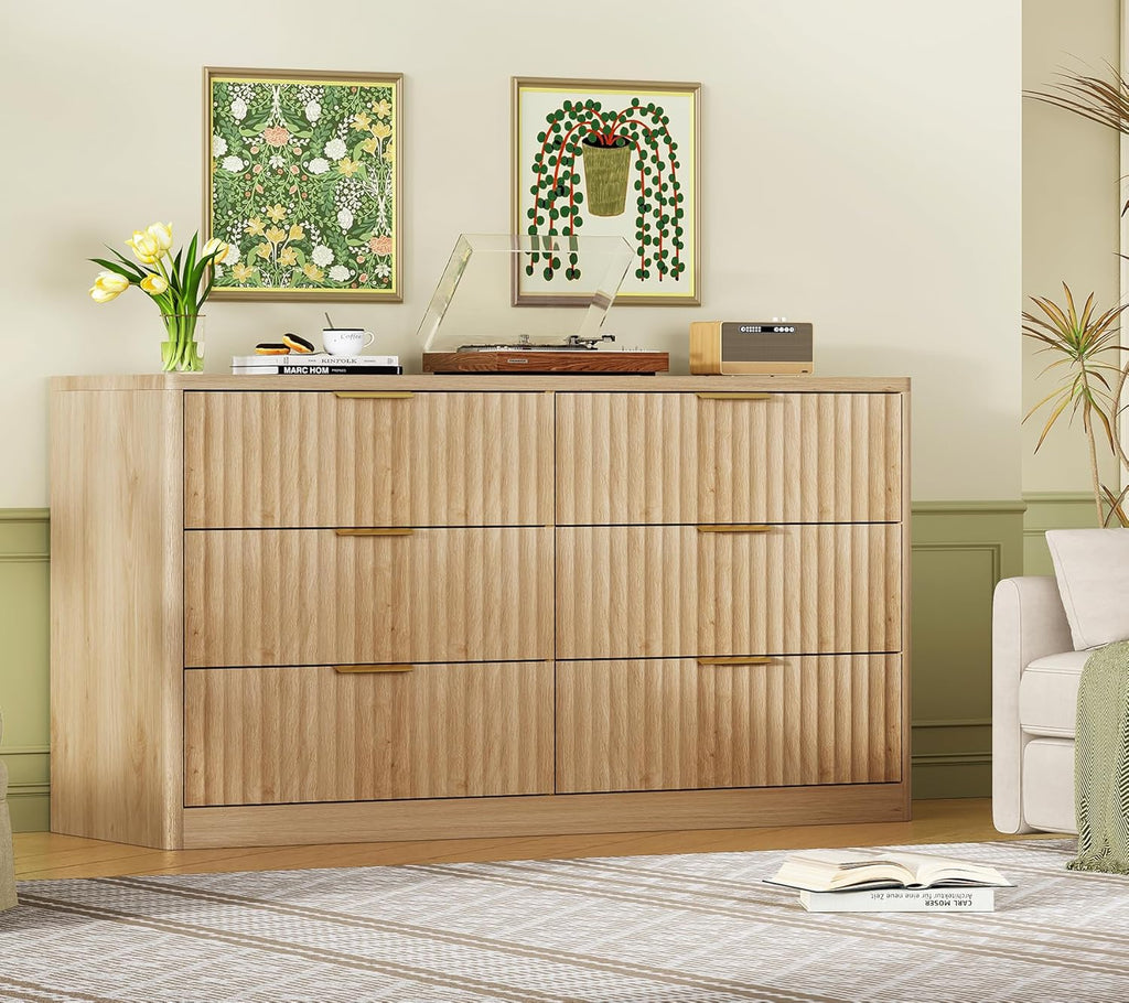 TEENFON Fluted 6 Drawer Dresser for Bedroom, Wide Modern Chest of Drawers with Metal Handle, Curved Profile Design, Wood Closet Clothes Storage Organizer for Bedroom, Hallway, Natural