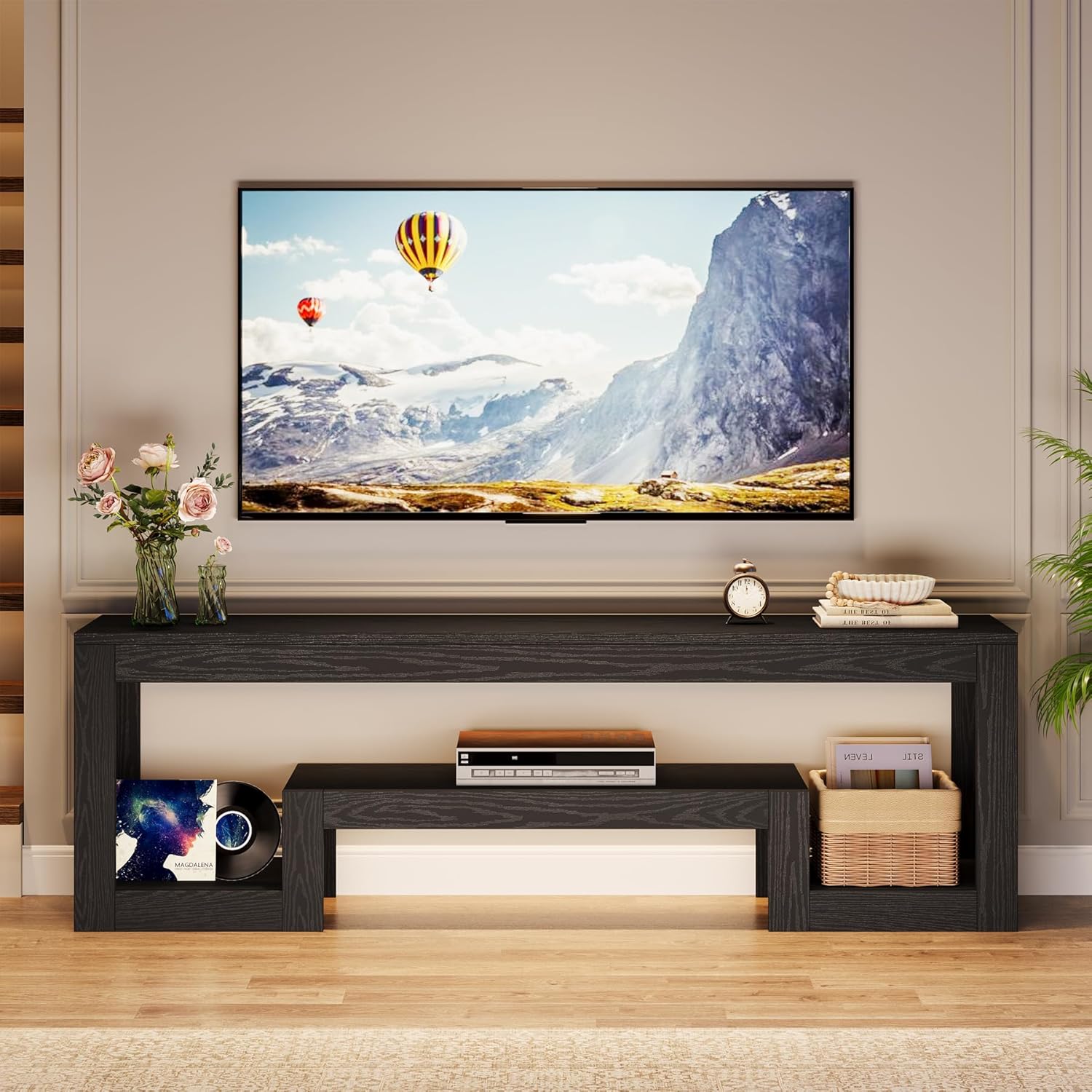 Tribesigns 63" TV Stand for 55/60/65/75-Inch TVs, Farmhouse Entertainment Center with Open Storage Shelves, Television Stands TV Console for Living Room, Bedroom, Black