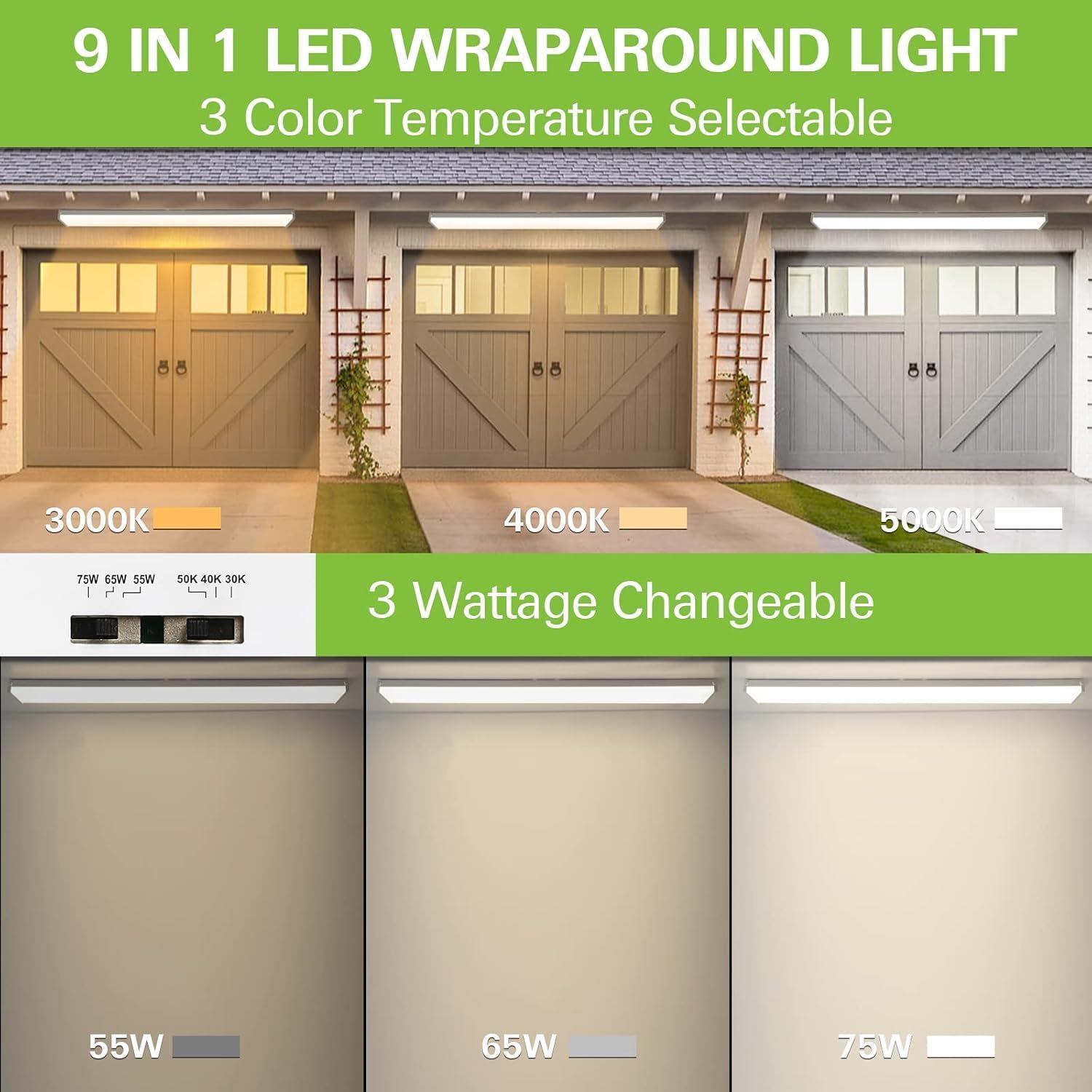 4 Pack 4FT LED Wraparound Light with 3 Wattages/3 Lumens/3 CCT Selectable, 55W/65W/75W, 5500lm/6500lm/7500lm, 3000K/4000K/5000K, 4 Foot LED Wrap Light Fixture, Flush Mount Office Ceiling Light, ETL
