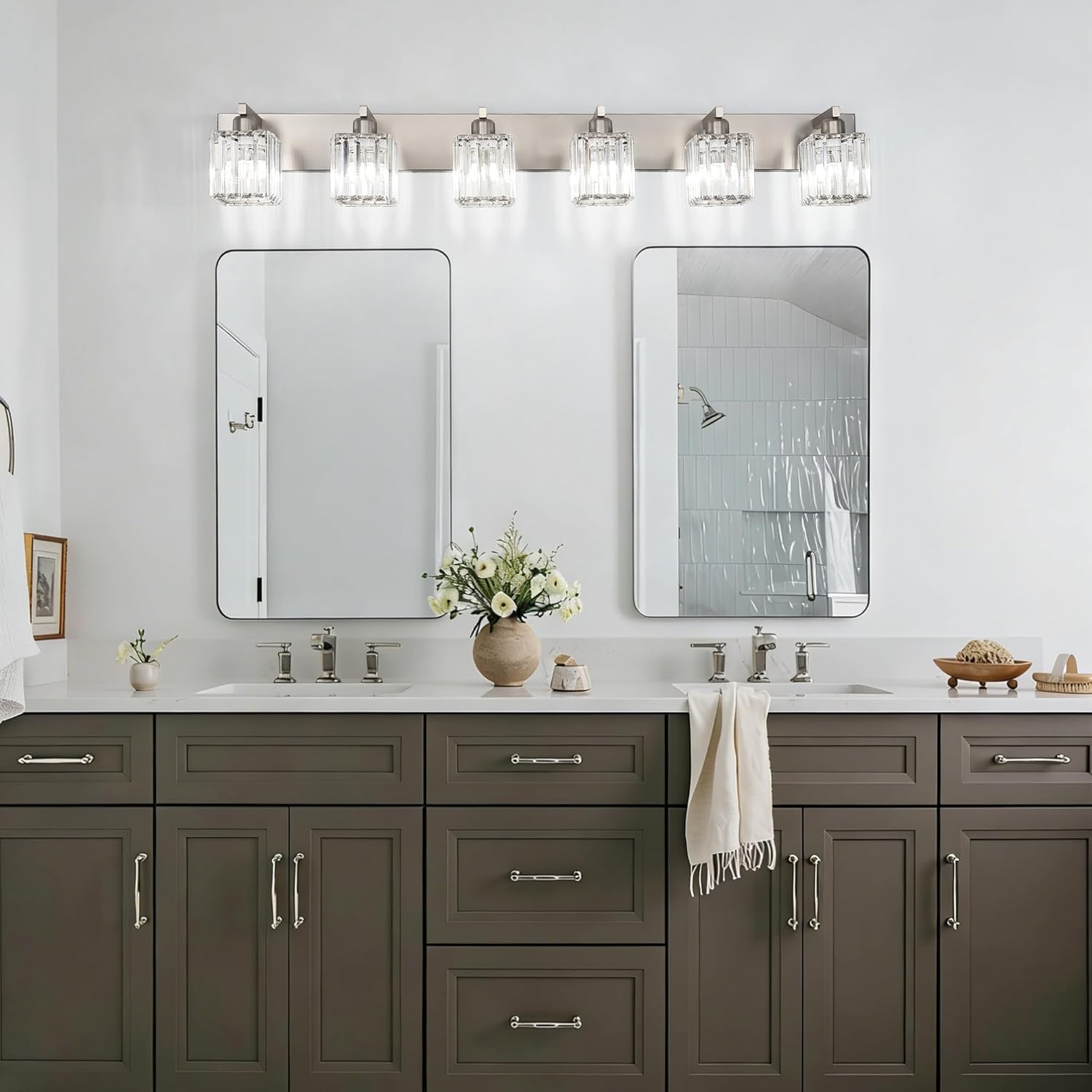 Aipsun Brushed Nickel Bathroom Light Fixtures 6 Light Vanity Lighting Fixture Crystal Modern Bathroom Vanity Light (Exclude Bulb)