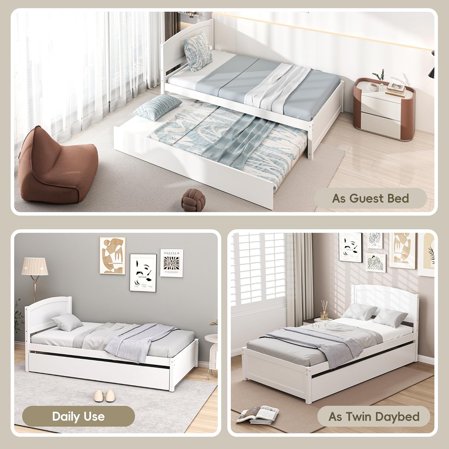 Twin Trundle Bed, Solid Wooden Pull Out Bedframe, Extendable Day Bed with Headboard and Soild Wood Slats Support, Bedroom, Living Room, Guest Room, No Box Spring Needed (White)