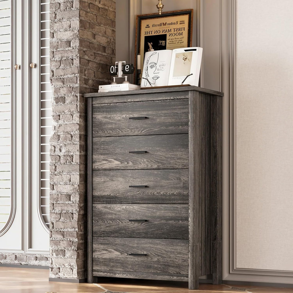 Merax 4-Pcs Queen Size Bed Frame Dresser Night Stand Bedroom Set, Platform with USB Charging Ports Storage Headboard & 1 x 5 Drawers Cabinet & 2 x Nightstands, Wooden, Antique Grey