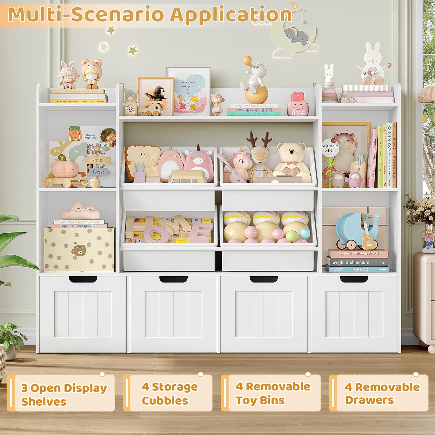 Toy Storage Organizer, Toy Organizer with 4 Movable Drawers and 4 Box Bins, Kids Playroom Storage Organization with Hidden Wheels for Living Room, Kids Room