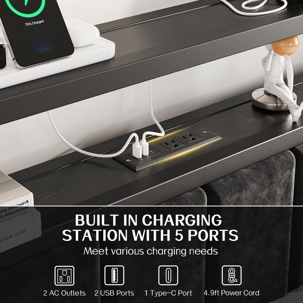 OLEVS King Bed Frame with Charging Station & LED Lights, Modern Platform Bed with Upholstered Storage Headboard, No Box Spring Needed Noise Free