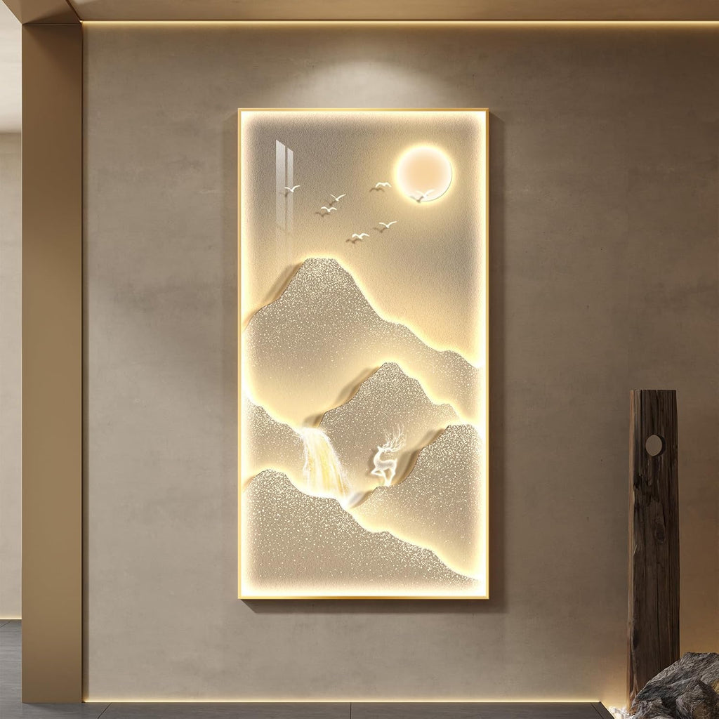 Framed LED Mountain Wall Art for Living Room, Large Vertical Lighted Modern Luxury Gold Bright Sun Waterfall Artwork for Walls, Nature Landscape Backlit Wall Decor for Hallway, Entryway, Home Office