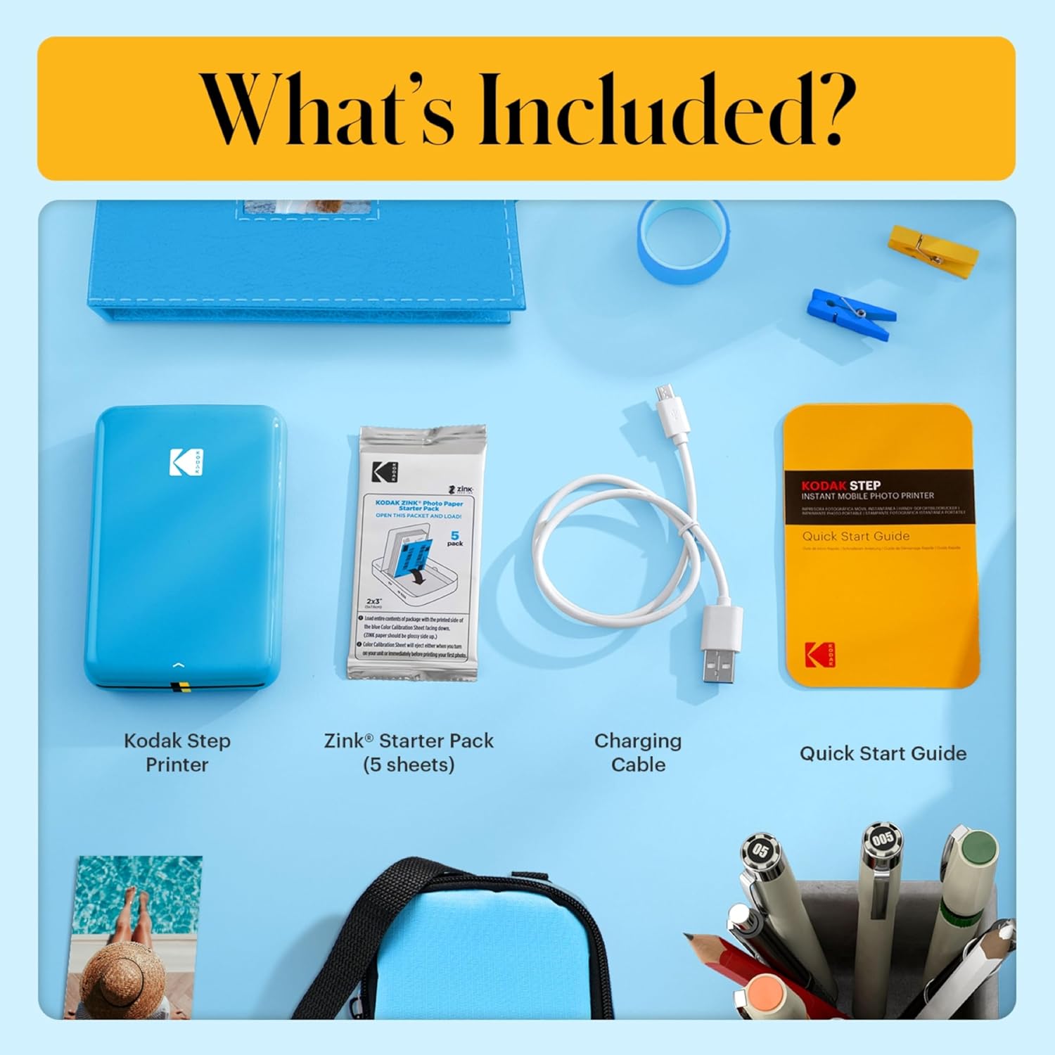 Kodak Step Wireless Photo Printer 2x3 inches Zink Paper Technology & Kodak App for iOS & Android (Blue) Scrapbook Bundle