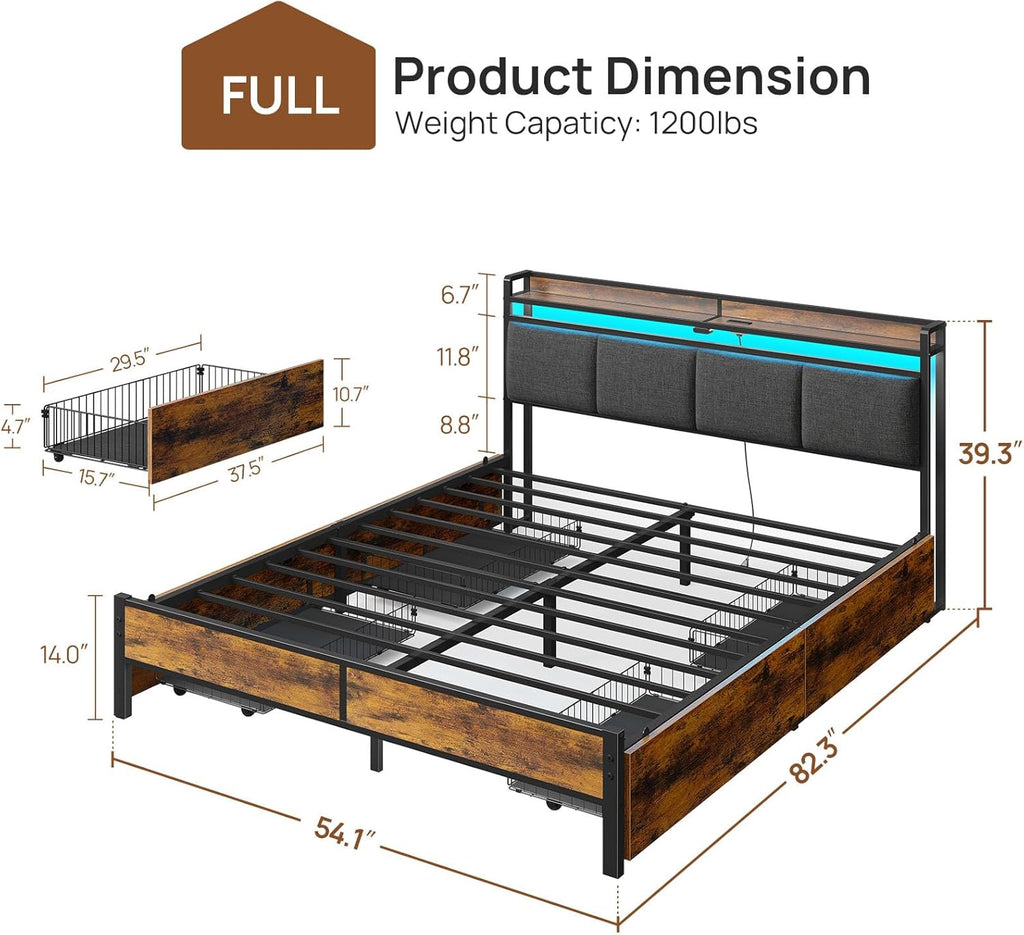 Rolanstar Bed Frame Full Size with Charging Station and LED Lights, Upholstered Storage Headboard with Drawers, Heavy Duty Metal Slats, No Box Spring Needed, Easy Assembly, Rustic Brown