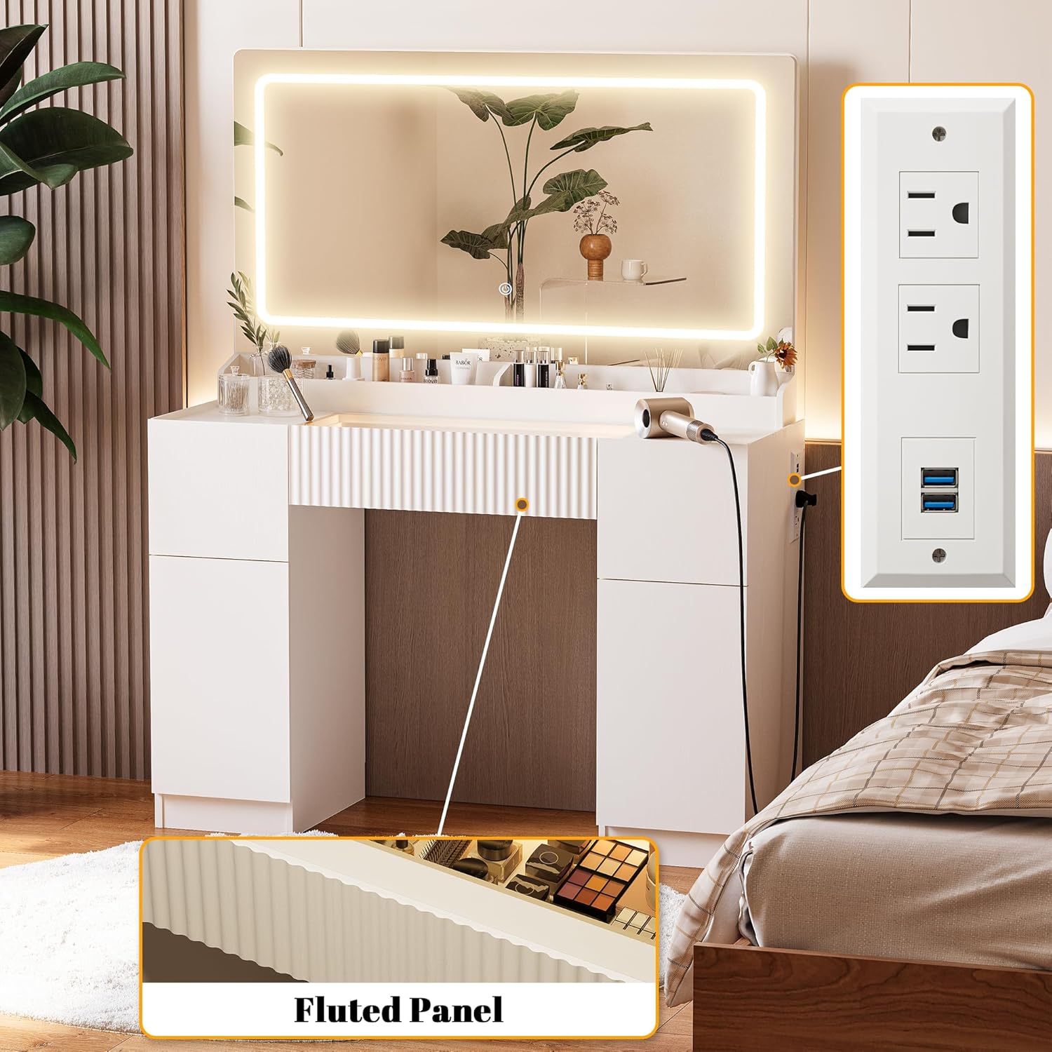 INNOD 44" Vanity Desk with Large Mirror and Lights, Modern Glass Top Makeup Vanity Set with Power Outlet, 3 Drawers and 2 Cabinet, 3 Lighting Color Adjustable Dressing Table for Bedroom,Pure White