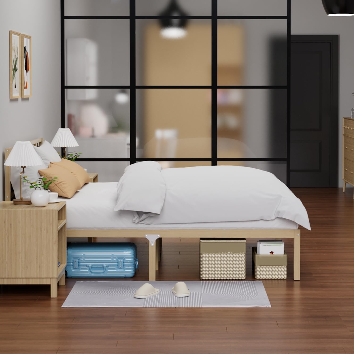 Bamboo Bed Frame Queen Size with Headboard Platform Bedframe Solid Stablewith Non-Slip Slats Support Tall Bed No Box Spring Needed Heavy Duty Easy Assembly Noise Free Nature