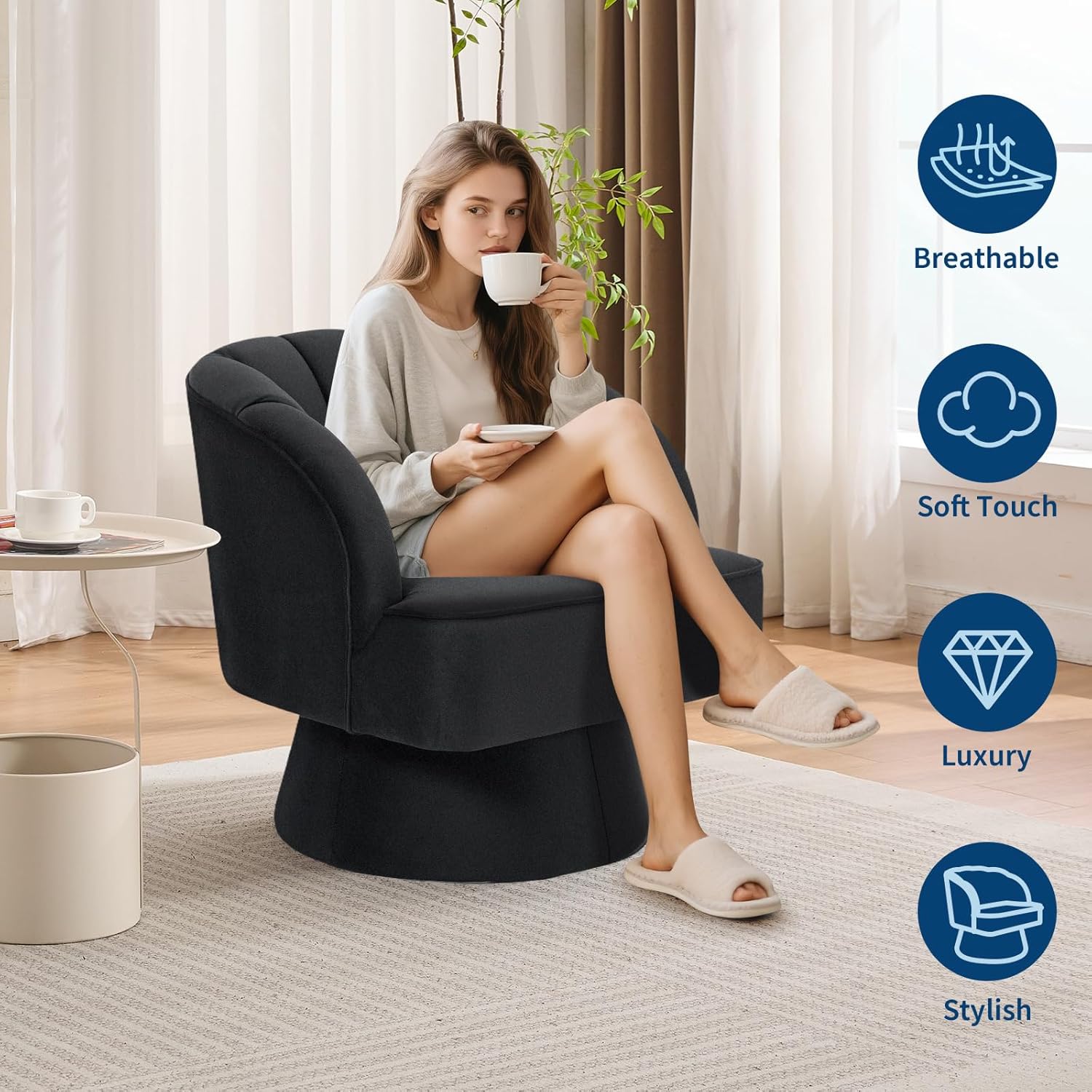Garvee Ultra-Plush Swivel Accent Chair, 360° Barrel Lounge Chair with Cloud-Like Padding & Modern Striped Backrest, Velvet Upholstered Round Armchair for Living, Bedroom Reading Nook - Black