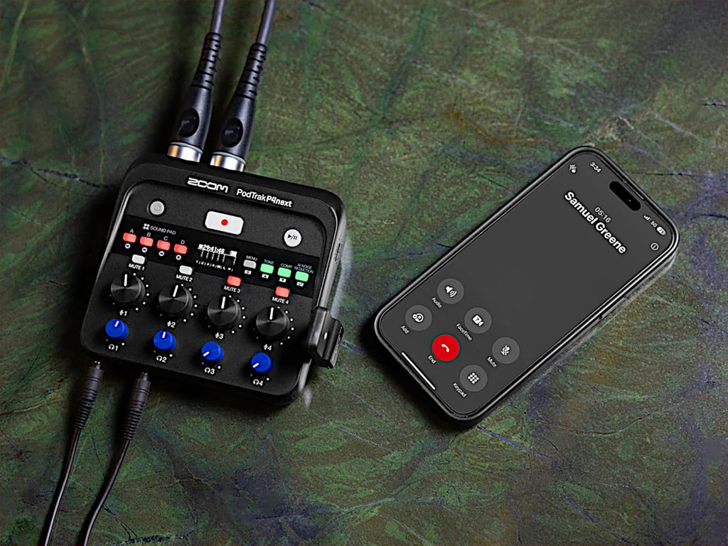 Zoom PodTrak P4next Podcast Recorder, 4 Mic Inputs, 4 Headphone Outputs, Battery Powered, AI Noise Reduction, Sound Pads, Phone Input, USB Audio Interface