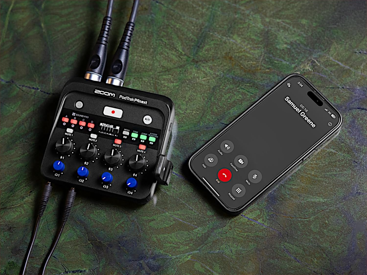 Zoom PodTrak P4next Podcast Recorder, 4 Mic Inputs, 4 Headphone Outputs, Battery Powered, AI Noise Reduction, Sound Pads, Phone Input, USB Audio Interface
