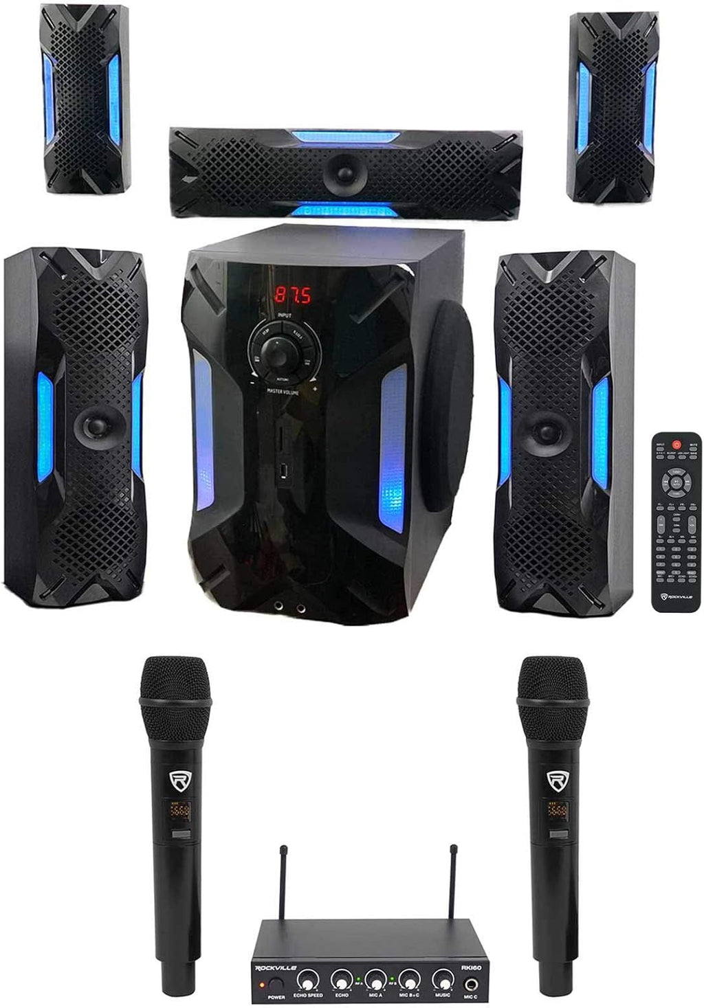 Rockville HTS56 Bundle: 1000-Watt 5.1 Channel Bluetooth Home Theater Audio System, 8" Subwoofer, RKI60 Dual UHF 8-Channel Wireless Microphone Karaoke Interface and Mixer, 2-Items