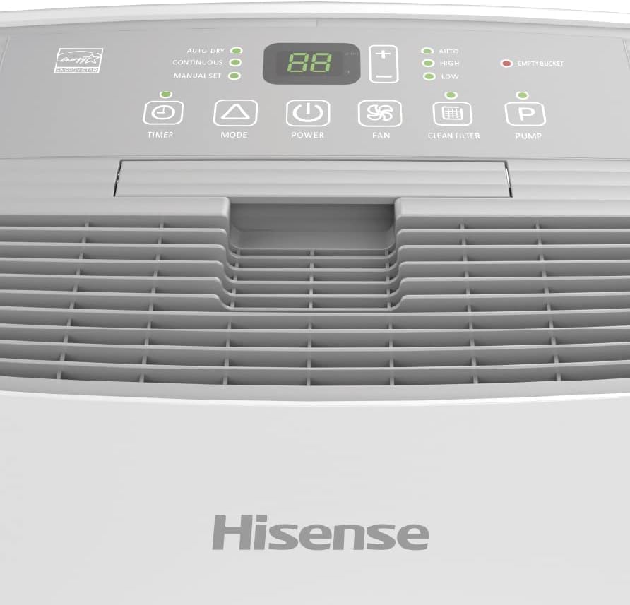 Hisense 50 Pint 3-Speed Dehumidifier with Built-in Pump, 3 Modes Auto, Continuous, Manual, White, Up to 4500 sq ft, Noise level 50 dB, HT5021KP (Renewed)