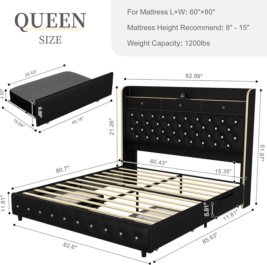 SIBEDS Queen Led Bed Frame with Galaxy Aurora Star Projector, Platform Beds with Charging Station, 52" Diamond Upholstered Wingback Bedframe with 2 Storage Drawers, No Box Spring Needed, PU Black