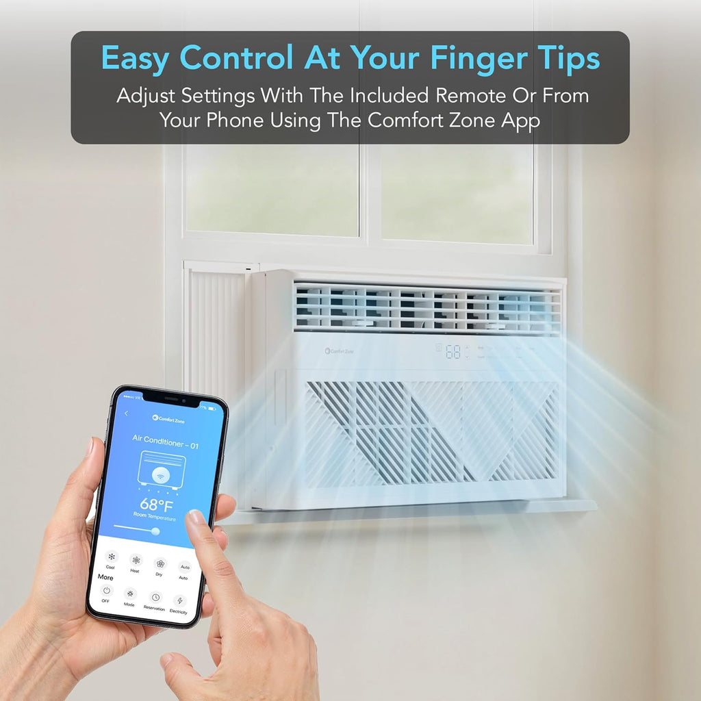 Comfort Zone Window Mounted Smart Wi-Fi Room Air Conditioner with Remote Control, 10,000 BTU, Digital Display, 4 Speed Settings, 4 Mode Settings, 24-Hour Timer, Sleep Setting, and Eco Mode, CZ12759
