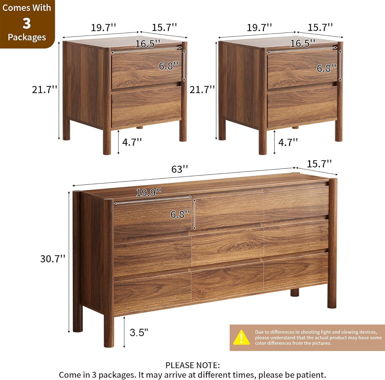 CHUWELL 3-Piece Bedroom Dresser Set-9 Drawer Dresser & 2 Nightstands,47" Wide Walnurt Dresser and Night Stands with Solid Wood Cylindrical Legs,Rustic Wooden Storage for Bedroom
