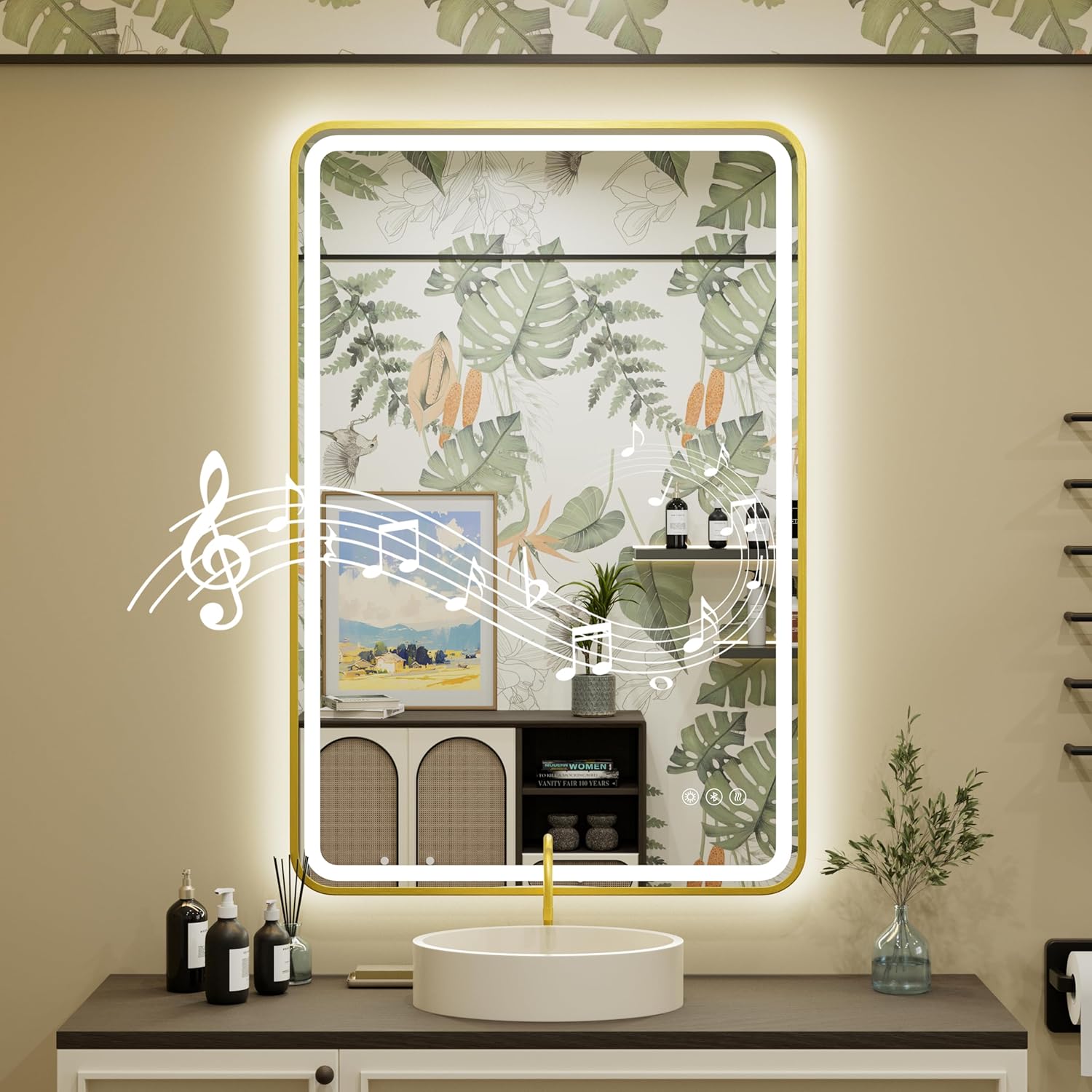 24x36 inch LED Bathroom Mirror with Bluetooth, Adjustable 3000K/4500K/6000K, Stepless Dimming, Anti-Fog, Gold Aluminum Frame Front & Backlit Lighted Wall Mounted Vanity Mirror