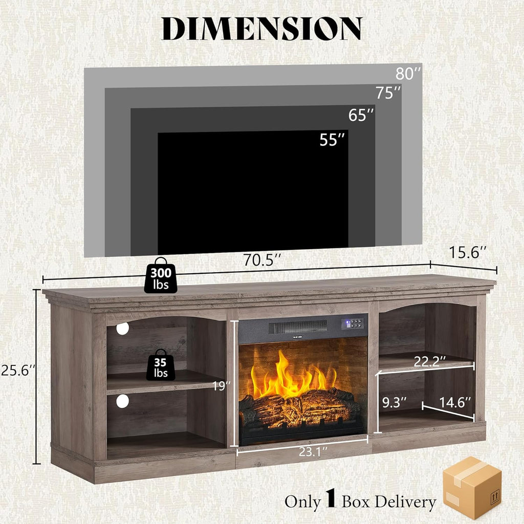 AMERLIFE 70 Inch Fireplace TV Stand for TVs up to 80", Farmhouse Entertainment Center with 23" Electric Fireplace One-Box Delivery, Media Console Table with Storage for Living Room, Rustic Grey