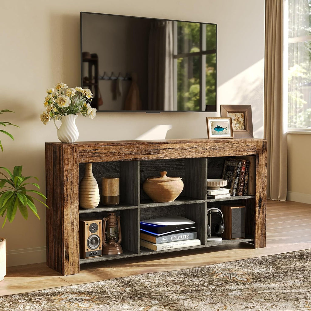 LITTLE TREE TV Stand with Storage, 63-Inch Entertainment Center with Shelves, Modern Media Console for Television up to 65" for Living Room, Bedroom, Brown + Black