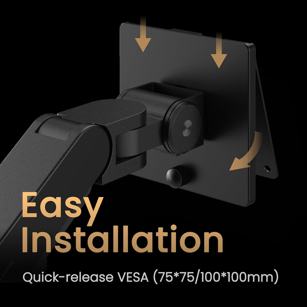 BenQ BSH01 Ergo Monitor Arm -Gas Spring Monitor Stand for Up to 45'' & 44lbs Screens, Heavy Duty, Quick Installation, No Sagging, Top Clamp and Grommet Base, Reinforcement Plate, VESA 75x75 &100x100mm