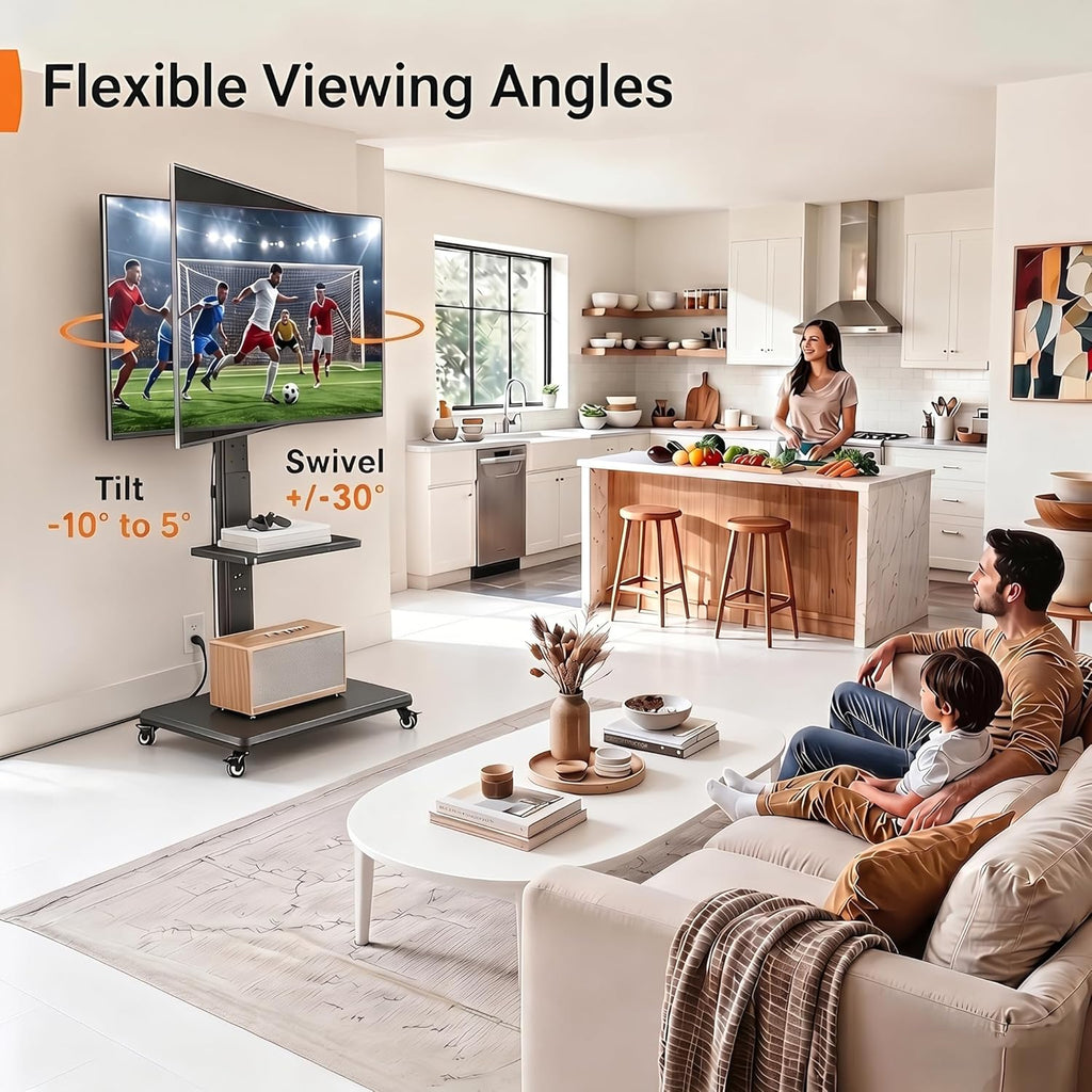 Perlegear Mobile TV Stand with Power Outlet, Tilt & Swivel Rolling TV Stand for 32-75 inches TVs up to 110 lbs, 12 Height Adjustable Rolling TV Cart with Wheels, Max VESA 600x400mm, PGTVMC17