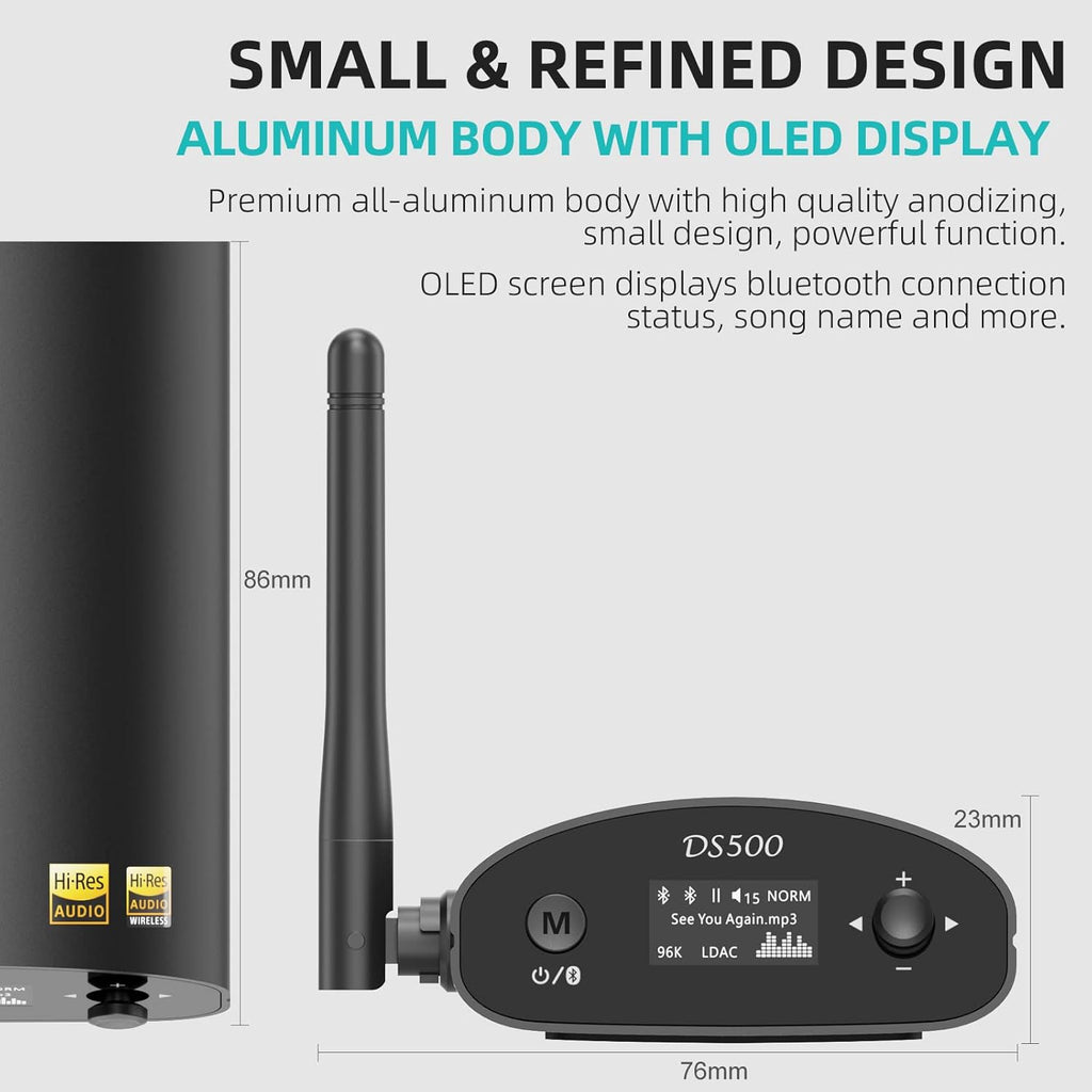 1Mii DS500 Hi-Res Bluetooth 5.3 Receiver, 32-Bit/384kHz Audiophile DAC, Lossless LDAC & aptX HD, OLED Display, Built-in EQ, RCA/Optical/Coaxial Out for Home Stereo, AV Receiver & Amplifier