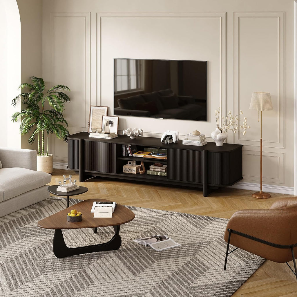 Vabches 70" Mid Century TV Stand for TVs up to 80 Inch,Fluted Entertainment Center with Storage and Adjustable Shelves,Modern Media Console Table for Living Room,Bedroom,Black