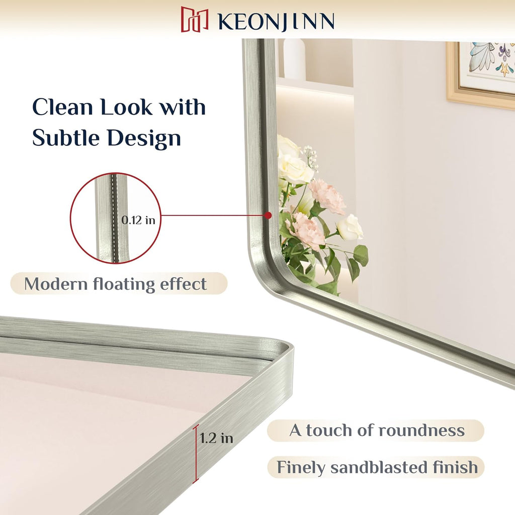 Keonjinn 48 x 36 Brushed Nickel Bathroom Vanity Mirror, Large Rounded Rectangle Bathroom Mirrors for over Sink, Metal Framed Silver Mirror for Wall, Shatterproof HD Tempered Glass(Horizontal/Vertical)