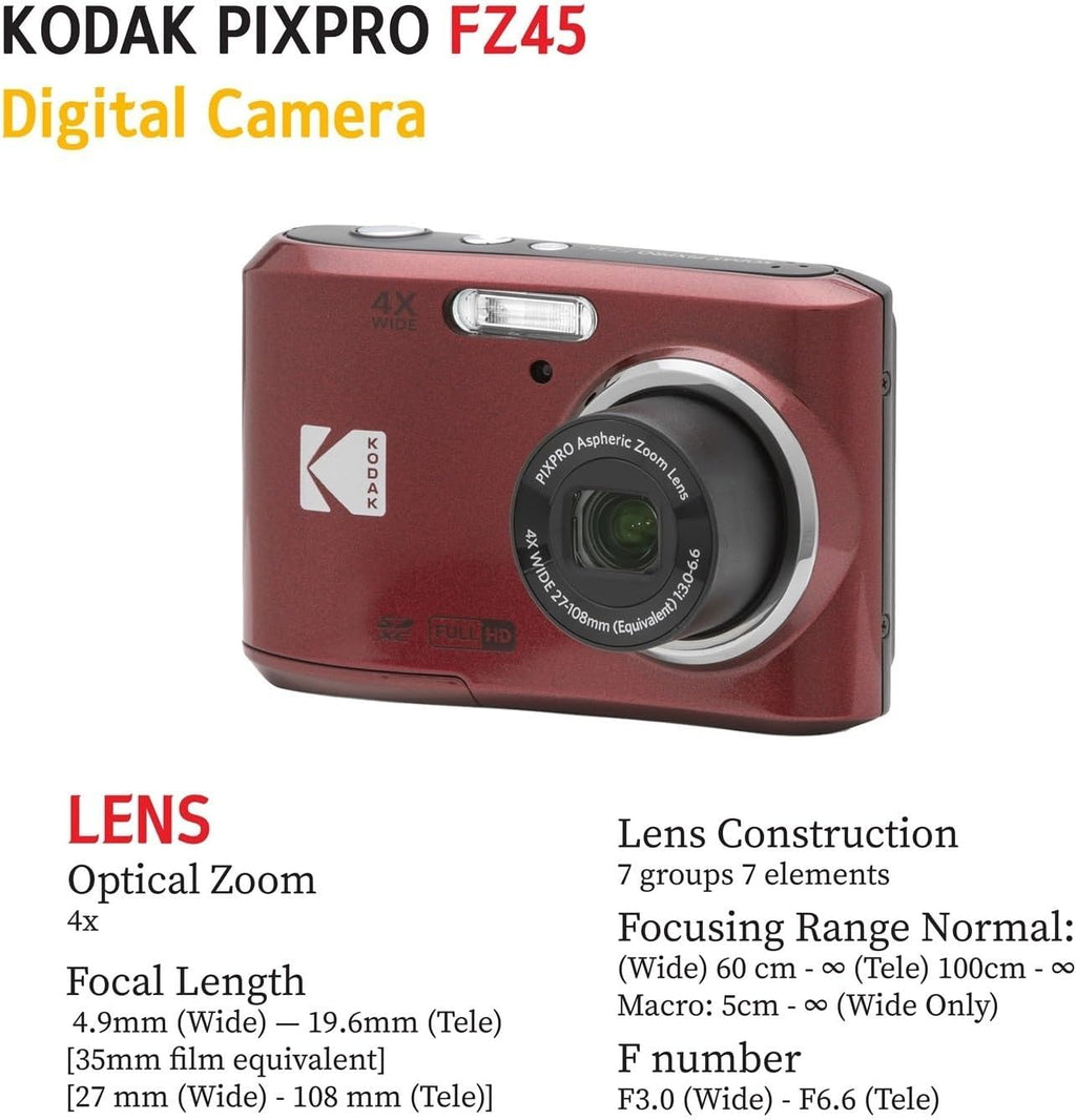 Kodak PIXPRO FZ45 Digital Camera + 32GB Memory Card + Point and Shoot Camera Case + Extendable Monopod + Lens Cleaning Pen + LCD Screen Protectors + Table Top Tripod Ultimate Bundle (Red)