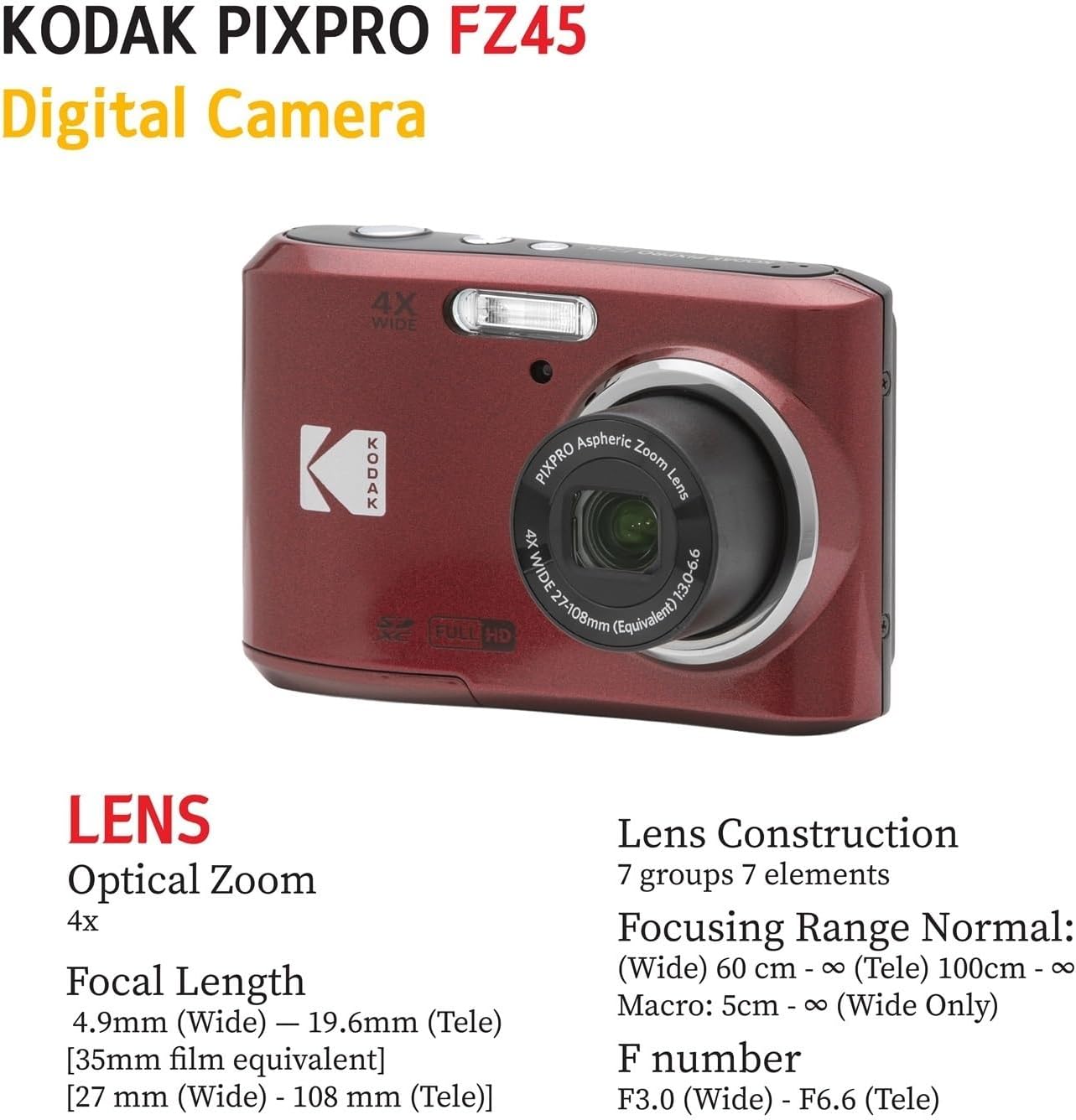 KODAK PIXPRO FZ45 16MP Digital Camera with 4X Optical Zoom 27mm Wide Angle and 2.7" LCD Screen Bundle with 32GB SD Memory Card, AA Batteries (4 Pack), Lens Cleaning Cloth (Red)