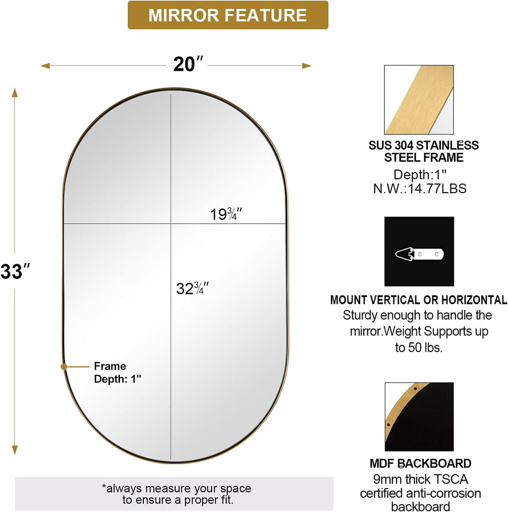 ANDY STAR Oval Bathroom Mirror, 20x33''Oval Gold Mirror Stainless Steel Metal Frame Mirror for Bathroom, Entryway, Living Room, Contemporary 1" Deep Set Design Wall Mount Hangs Vertical or Horizontal