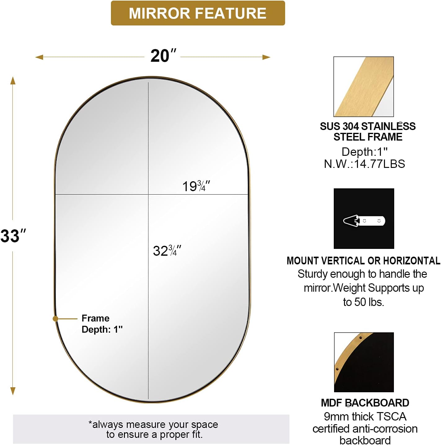 ANDY STAR Oval Bathroom Mirror, 20x33''Oval Gold Mirror Stainless Steel Metal Frame Mirror for Bathroom, Entryway, Living Room, Contemporary 1" Deep Set Design Wall Mount Hangs Vertical or Horizontal