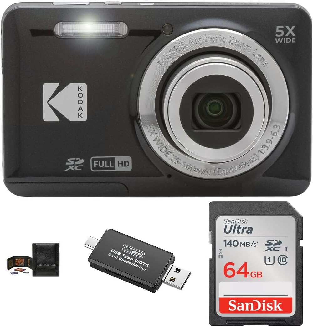 KODAK PIXPRO FZ55 Digital Camera Bundle, Includes: SanDisk 64GB SDXC Memory Card, SD Card Reader Compatible with Computers and Smartphones and Memory Card Wallet (4 Items) (Black)