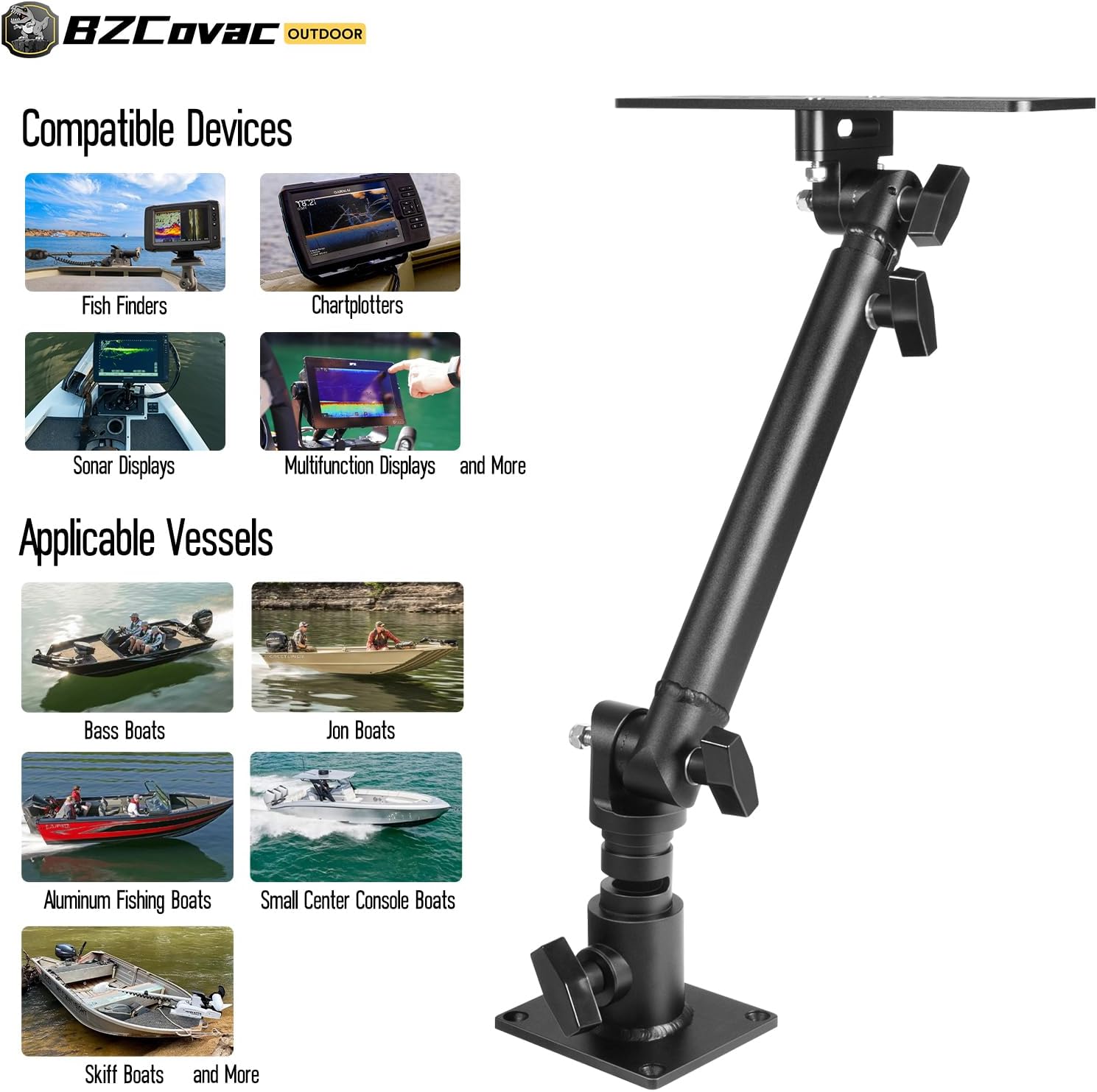 Marine Electronic Mount, Fish Finder Bracket, Anodized Aluminum Monitor Mount with 350° Swivel, Adjustable Height, Easy to Install, Mounting Plate Fits Most Monitors