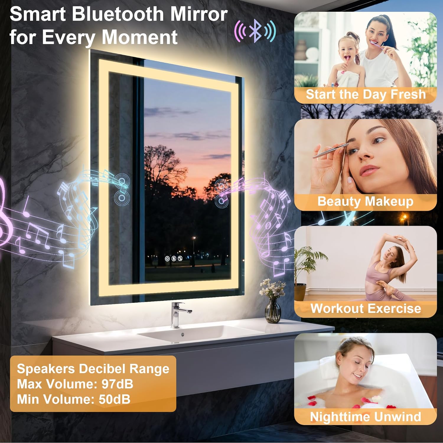 24"x32" LED Bathroom Mirror with Lights,Bluetooth Dual Speaker,Anti-Fog,3 Color Temperature,Dimmable Brightness,Memory Function,Waterproof,Wall Mount Design,Tempered Glass