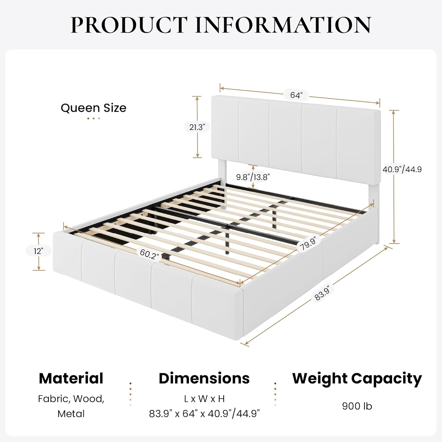SHA CERLIN Queen Bed Frame, Velvet Upholstered Platform Bed Frame, Vertical Channel Tufted Adjustable Headboard, Low Profile Bed Frame, No Box Spring Needed, Easy Assembly, White