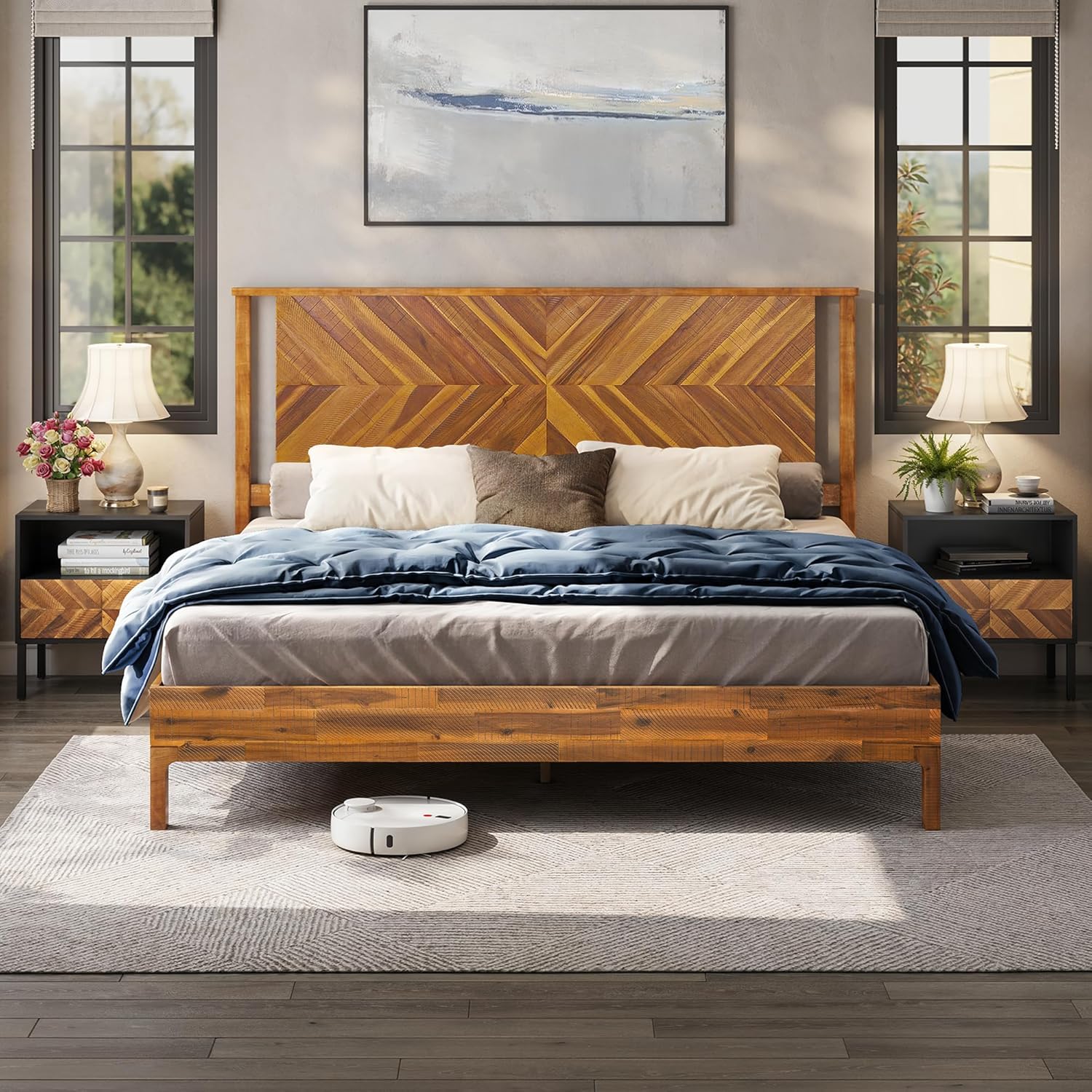 Bme Vivian 14 Inch Deluxe Bed Frame with Headboard, Rustic & Scandinavian Style with Solid Acacia Wood, No Box Spring Needed, 12 Strong Wood Slat Support, Easy Assembly, King, Rustic Golden Brown