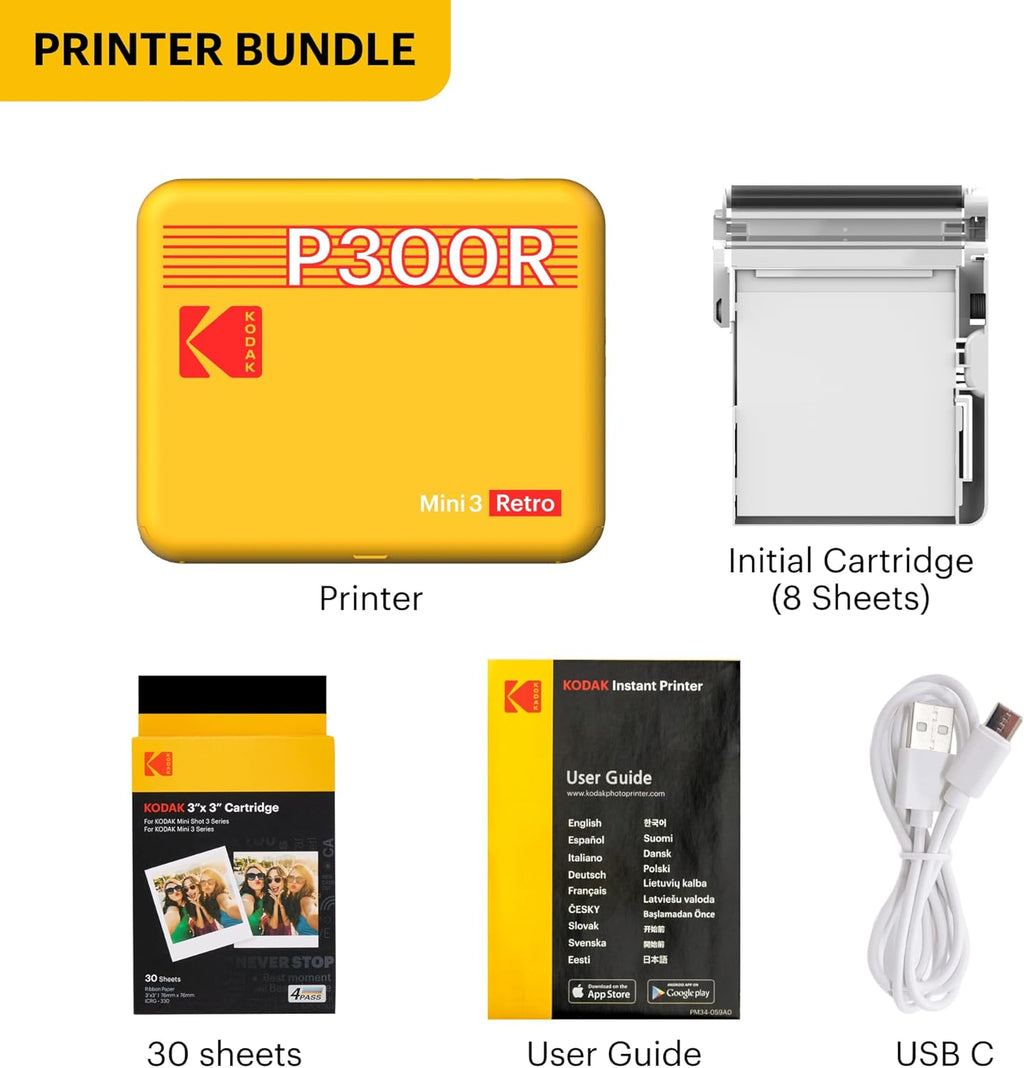 KODAK Mini 3 Retro 3x3'' Portable Photo Printer, 38 Sheets, Bluetooth Smartphone Printer for iPhone & Android, Instant Color Prints, 4PASS Dye Sublimation, Yellow