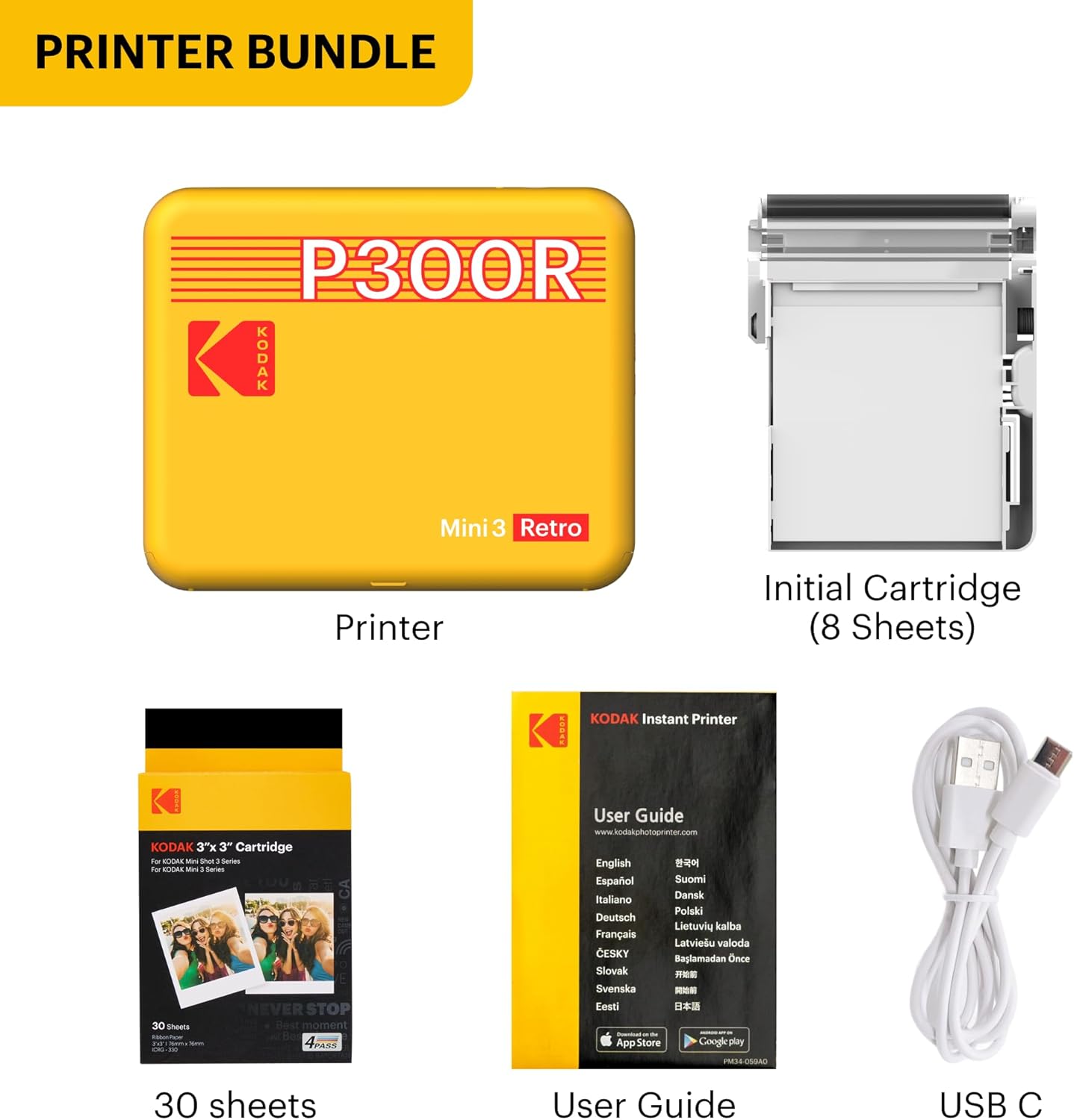 KODAK Mini 3 Retro 3x3'' Portable Photo Printer, 38 Sheets, Bluetooth Smartphone Printer for iPhone & Android, Instant Color Prints, 4PASS Dye Sublimation, Yellow