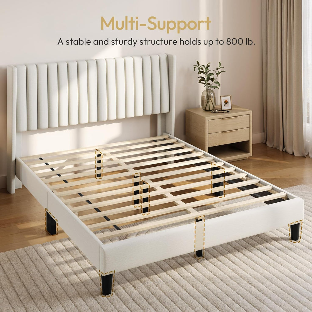 Yaheetech Queen Bed Frame Upholstered Platform Bed with Fabric Headboard, Wing Edge Design/Non-Slip and Noise-Free/Wooden Slats Support/No Box Spring Needed/Easy Assembly, Ivory Queen Bed